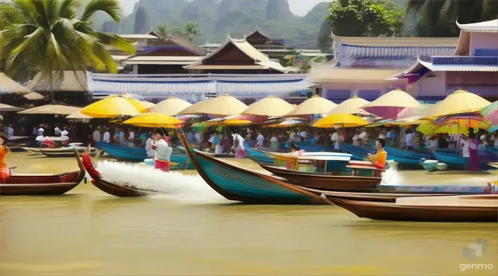 Thai people amidst floating islands, splashing each other with richly colored water during Songkran festival