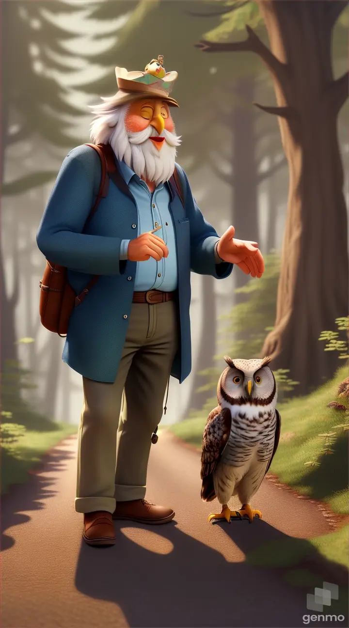 an animated  old man wearing pant and shirt are talking to an owl