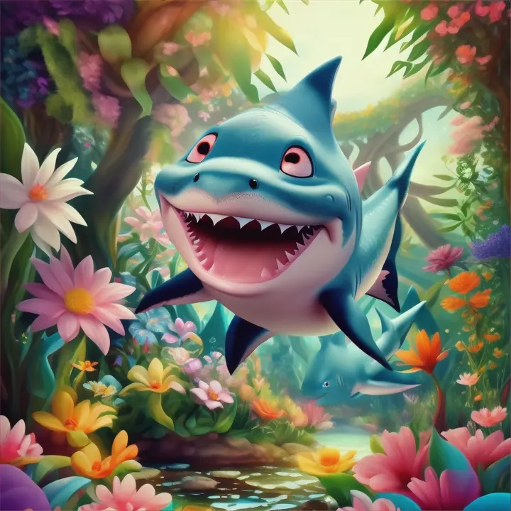 a cute Cartoon baby shark swimming in a fantasy garden