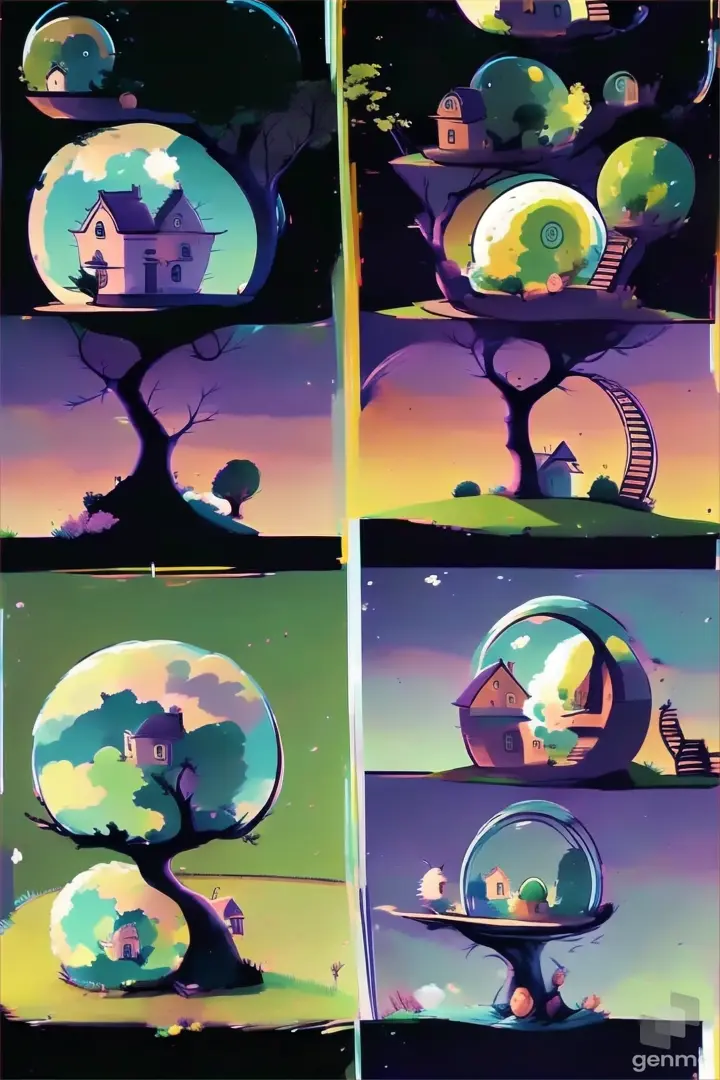 a series of four illustrations of a tree with a house in it