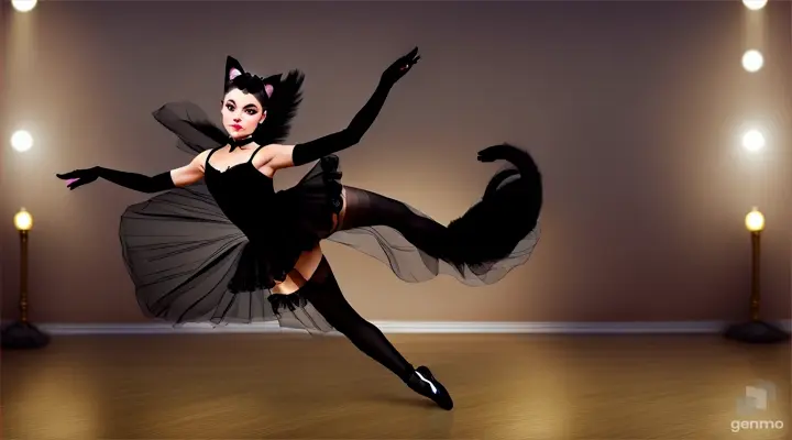 a ballerina in a black cat costume comes on stage, dances a cat dance with feline grace.  overall plan