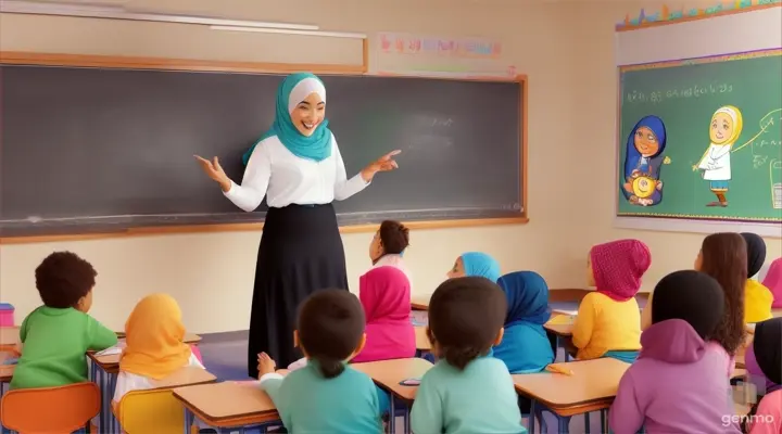 معلمة محجبة تشرح في فصل ابتدائي كارتون horizontal 