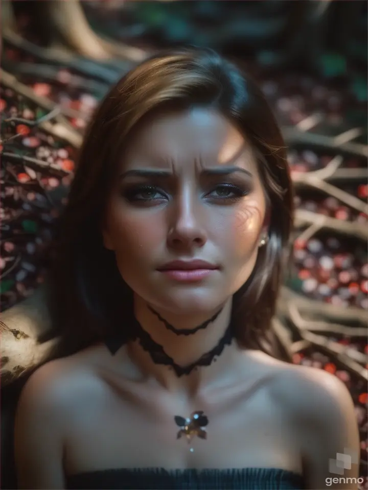 Full HD sharp cinematic film shot in 35mm full body scene ,realistic beautiful face fear woman hurt ,details, brown hair ,in casual clothes, hurt blood cut on neck blood, ,she crying dead laying down crawling dynamic background low light scene in the woods at dark night