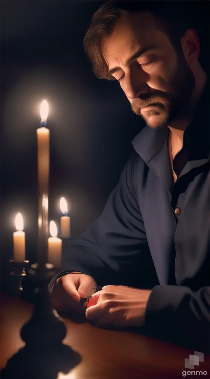 man, tired, night, table, candles, blue rose