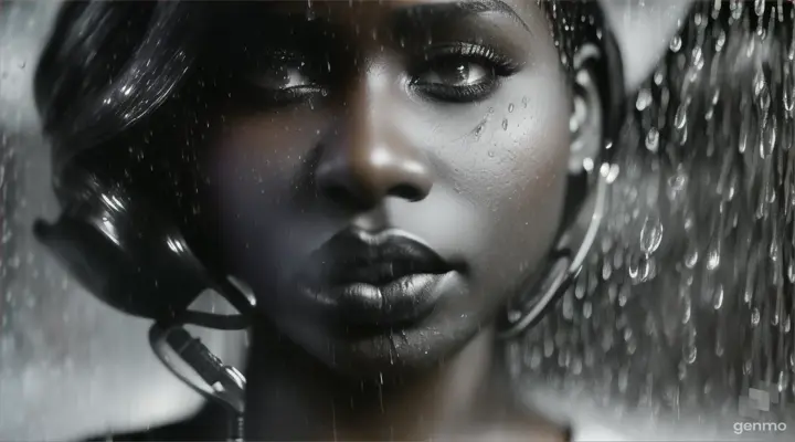 a close up of dark skinned woman lips singing slowly into vintage microphone under heavy rain