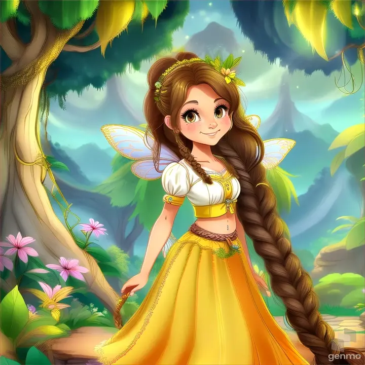  a  beautiful fairy  fairy, long braid ,  wearing yellow long skirt and white short blouse animationstanding and smiling  in a jungle  cartoon indian style zoom out  