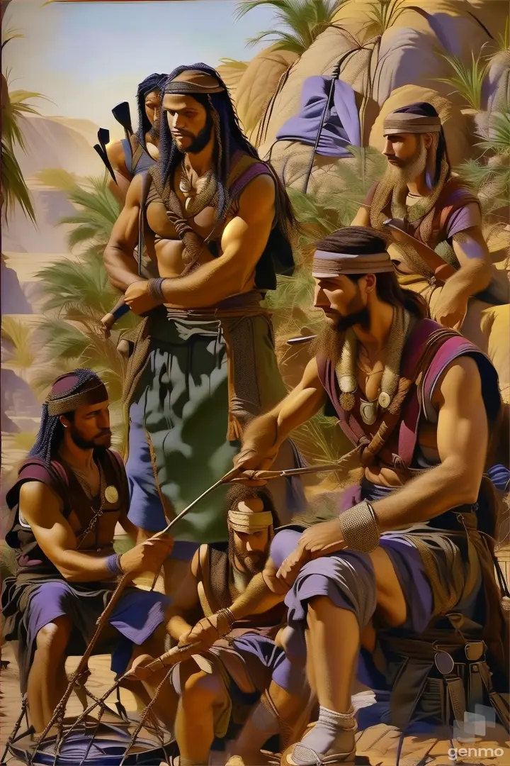 a painting of two men cooking in the desert