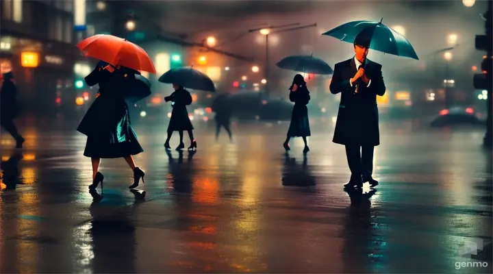 Blurred silhouettes of jazz dancers dancing slowly under heavy rain in dark blue teal orange city style of film noir. Film grain, wide angle. Many puddles in earth reflect big city lights. No umbrellas