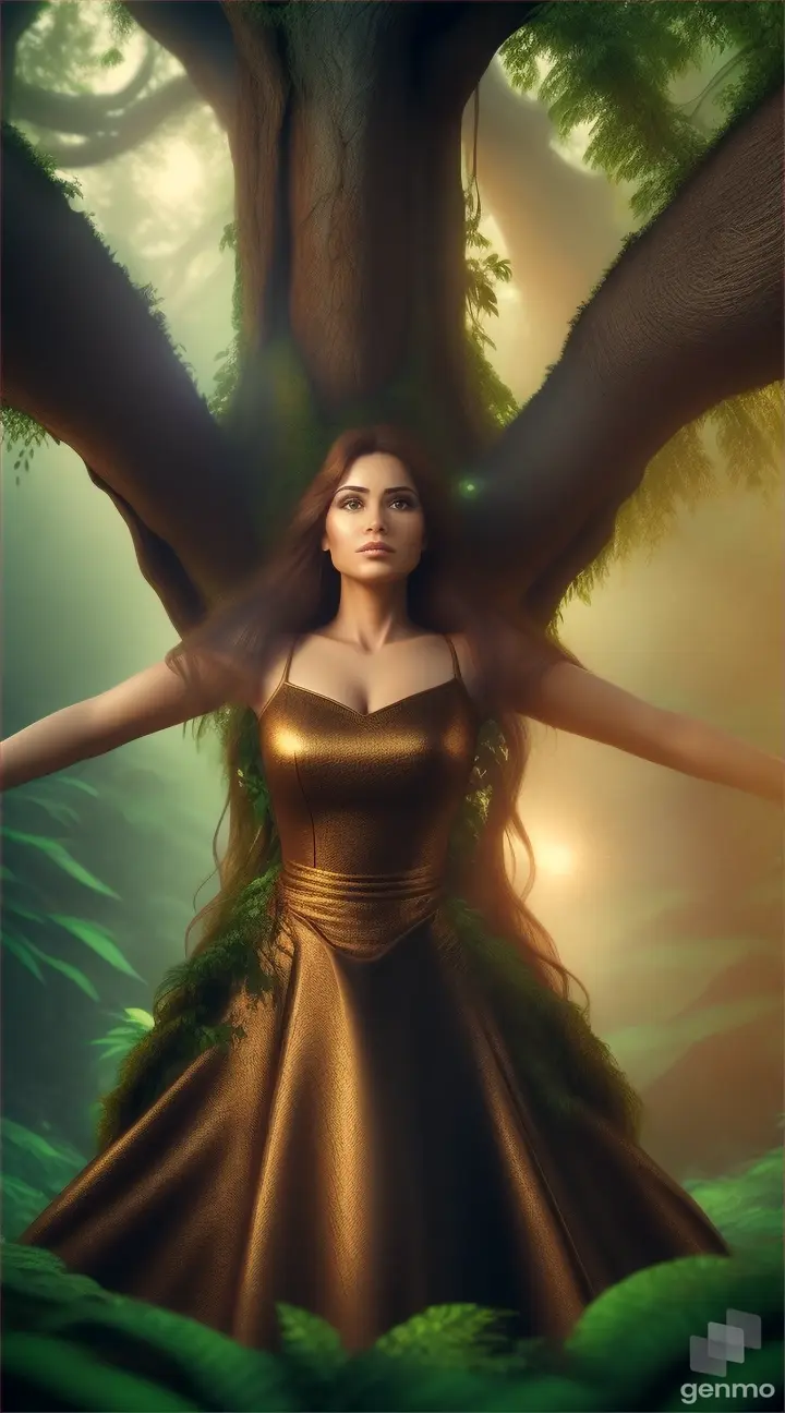 Wanita cantik memakai gaun warna coklat mengangkat pohon besar ditengah hutan belantara 