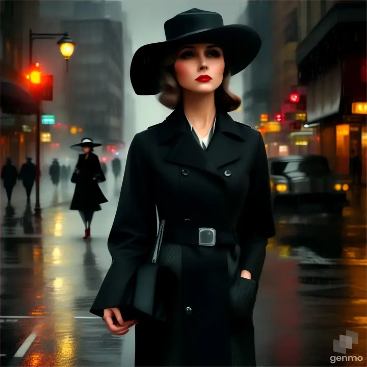 Heavy rain pouring down. Dense fog. Film Noir. Film grain texture. Bleak colors. 30-s Prohibition era megapolis city street. Photo of hairstyle, hat, textile, sleeve, standing, flash photography, style, sun hat, fashion design, headgear