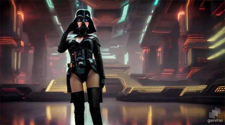 darth vaders sister wearing fishnet stockings amidst the metallic structures of the Imperial base, her expression resolute. 