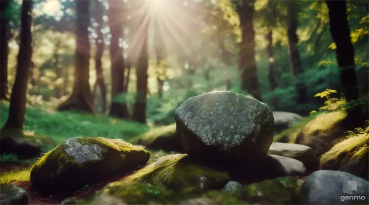 A rock in a green forest, 16:9