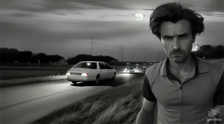 A fear-stricken figure, his wild eyes reflecting the moonlight, dashes madly across a desolate, moonlit highway flanked by towering tendrils of grass. The man's heart-thumping escape from the speeding car behind him is frozen in a vivid snapshot, every detail sharply defined: the wind ruffling his disheveled hair, the desperation etched into his tense muscles. This mesmerizing scene, a haunting photograph, captures the raw intensity and urgency of a life-and-death moment, immersing viewers in the heart-pounding drama of a chase on the edge of disaster.
Negative prompt: Few colors, deformation of the human body, ugly body, poor quality, poor resolution, It's too dark
