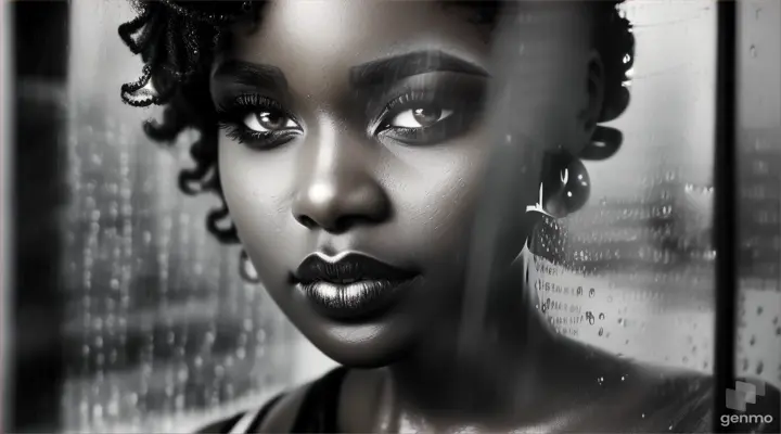 Closeup of curly ebony woman eyes looking out rain covered glass window. A Film Noir-style painting of a smoky coffee shop in a 30s era city, with muted colors and rain outside the windows.