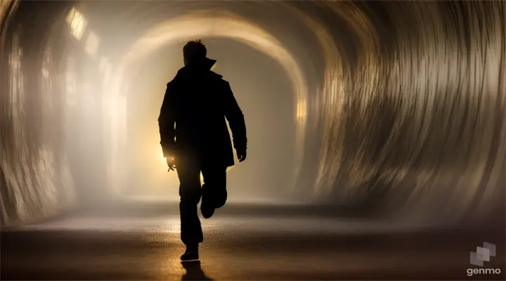 A figure running frantically towards the light at the end of a long, dark tunnel, with a glimmer of hope in the form of a warm, nurturing heavenly light
