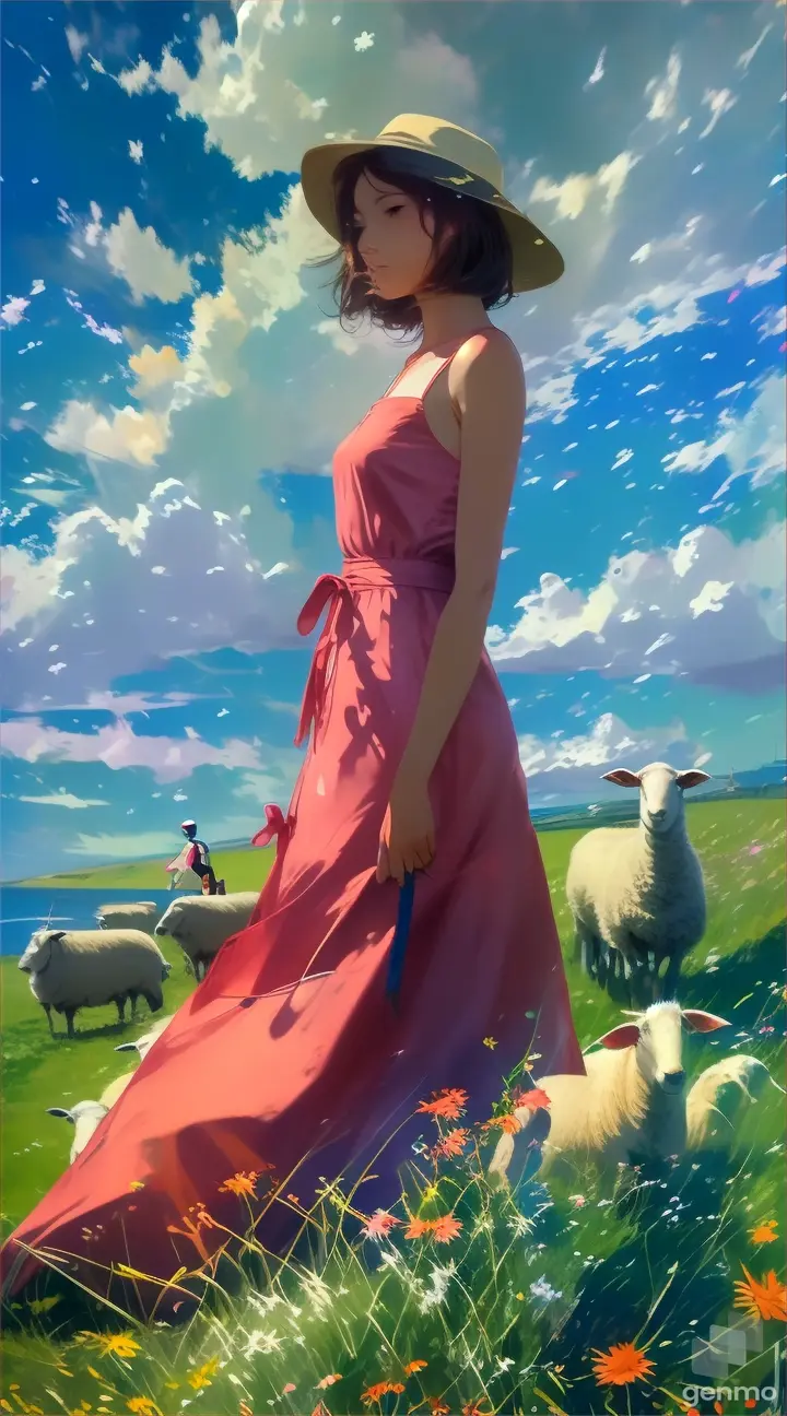 A girl is standing in the grassland, surrounded by sheep, and her boyfriend is standing in the distance