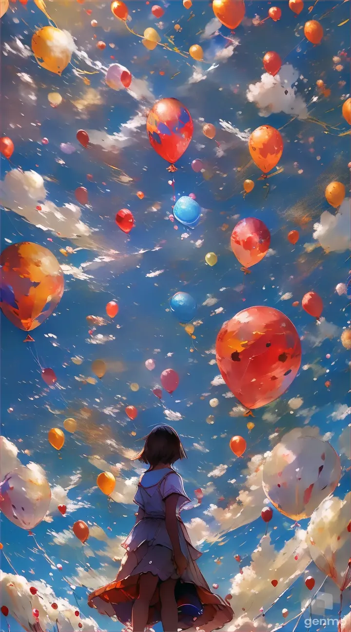 A woman stood on the grass and looked at the sky, with many balloons rising