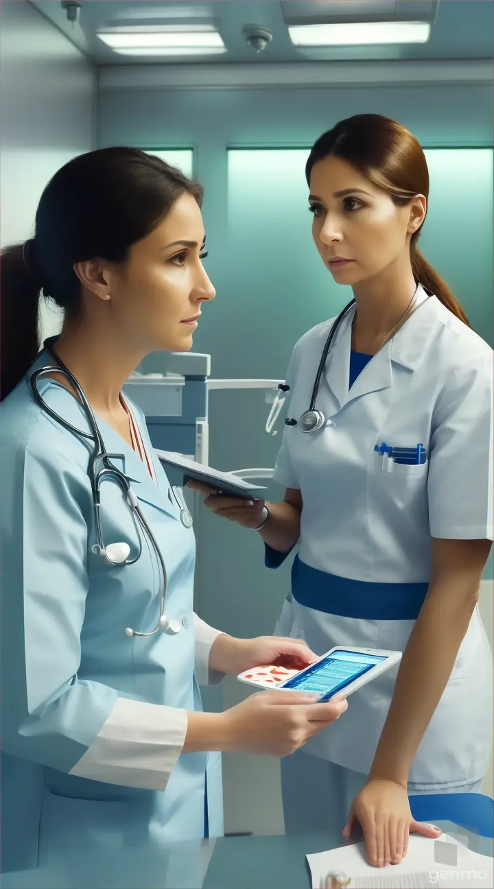 a doctor talking to a nurse in a hospital in a realistic video for an ad,vertical format video.