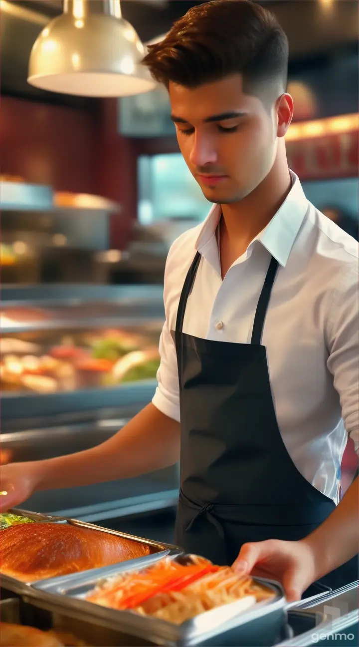 a guy serving food to customers in a cafe in a realistic video for an ad, vertical format video.