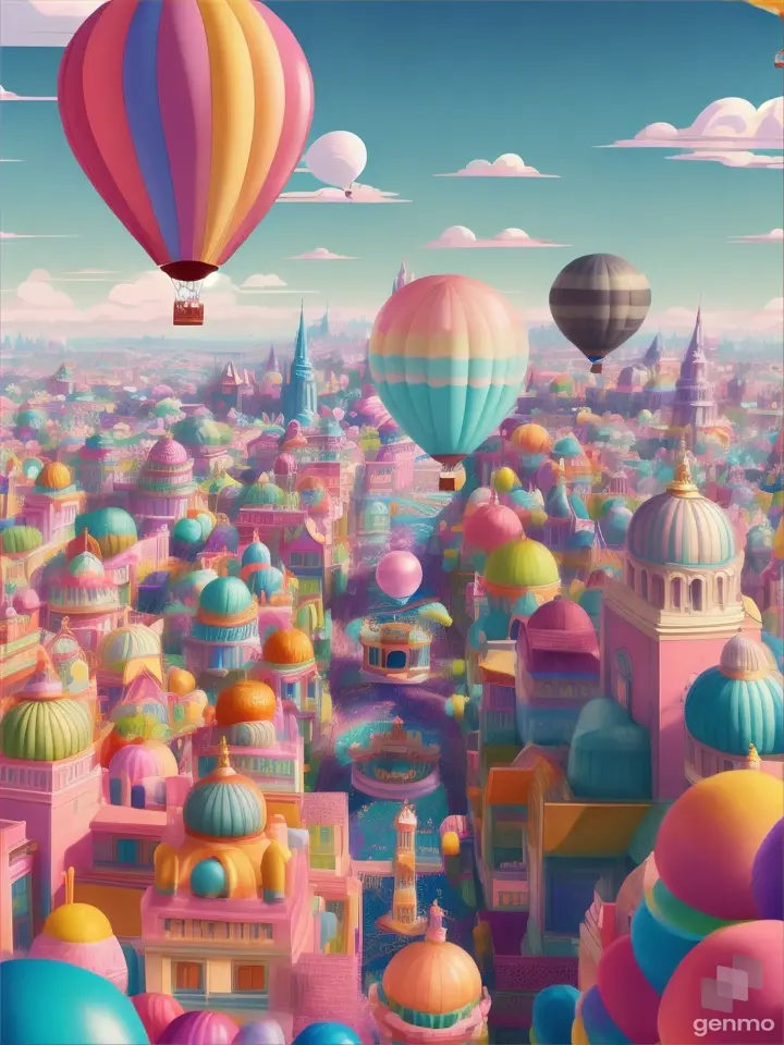 a bubble city, balloon flying in vertical format video..