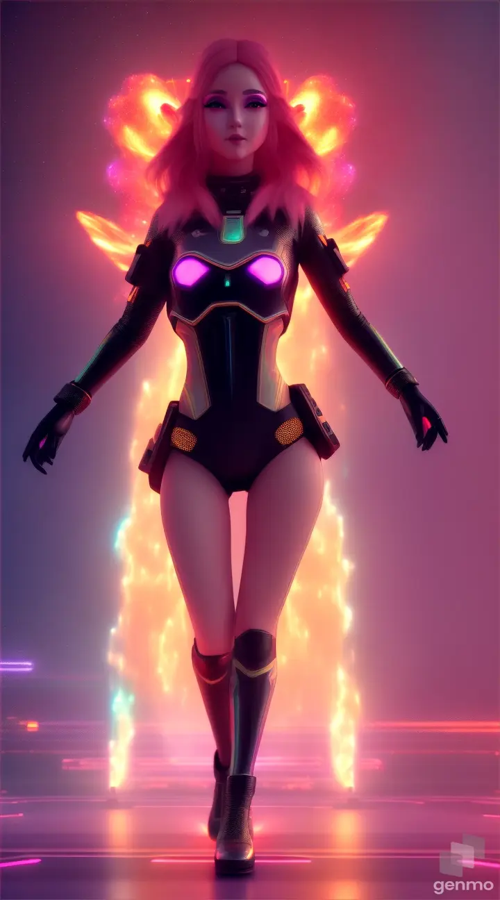 Fantasy techno girl is dancing in outer space,  fire, and dust, cosmic dust, flashing color lights, smoke, high details, realistic image, dynamic scene, camera in motion