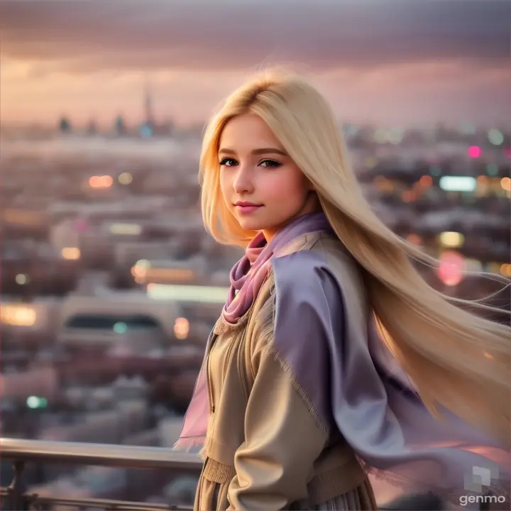 European girl opening/closing eyes, her blonde hair flowing in the wind with a silky scarf, overlooking a city skyline with misty, pastel skyscrapers
