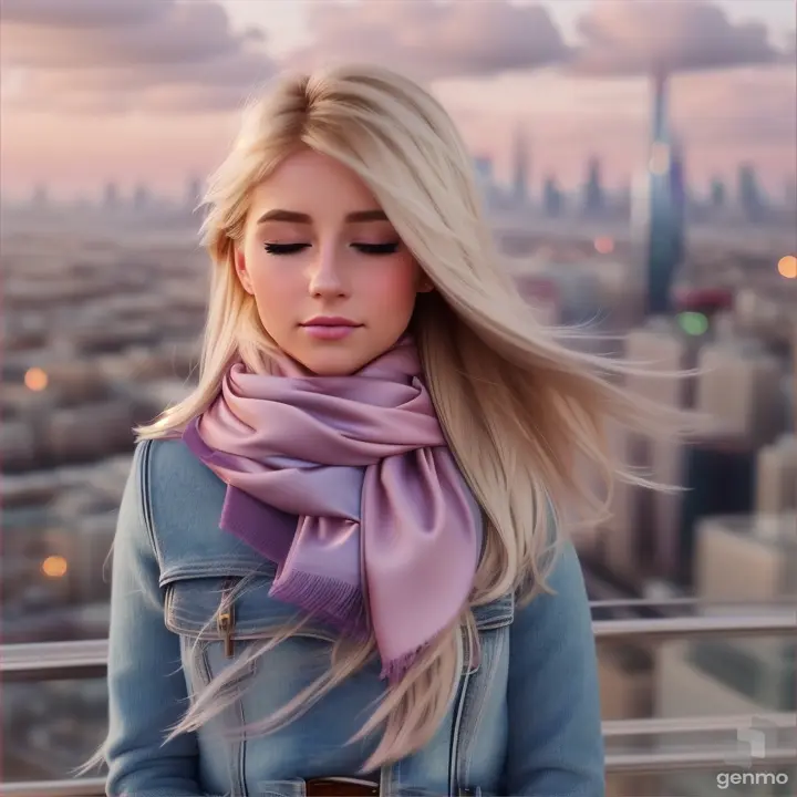 European girl opening/closing eyes, her blonde hair flowing in the wind with a silky scarf, overlooking a city skyline with misty, pastel skyscrapers
