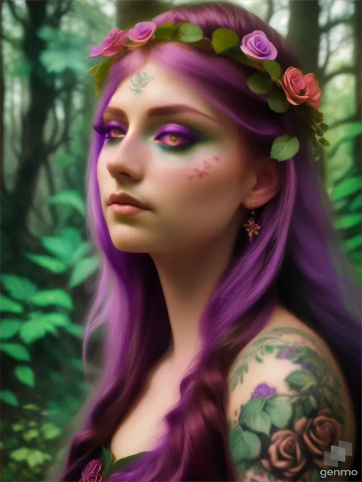 A beautiful goddess with long rose-violet hair and flower tattoos, in the lush green forest