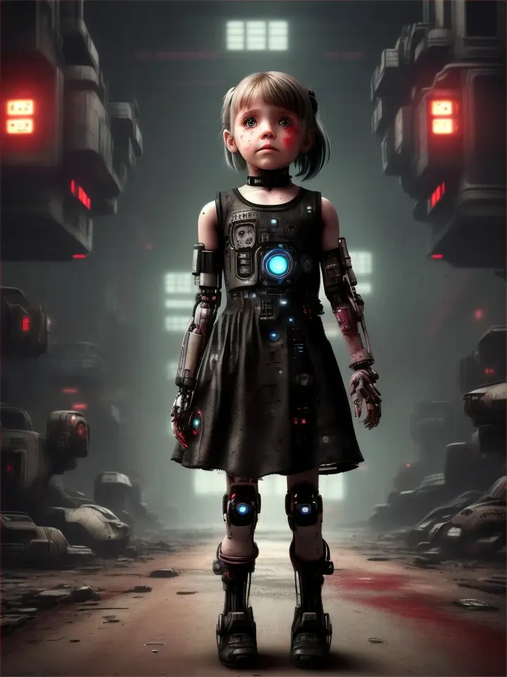 LITTLE GIRL HALF HUMAN HALF ROBOT HOLDING A UGLY BROKEN DOLL IN A DYSTOPIAN FUTURE CRYING