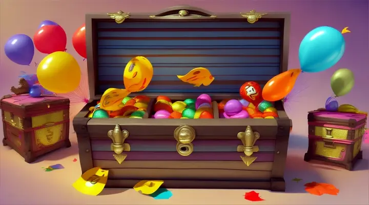 Celebratory dance party around the treasure chest, with the characters doing the "cartoonishly exaggerated happy dance".