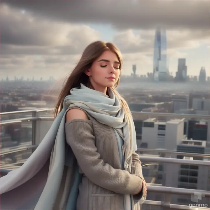 European girl opening/closing eyes, her blonde hair flowing in the wind with a silky scarf, overlooking a city skyline with misty, pastel skyscrapers
