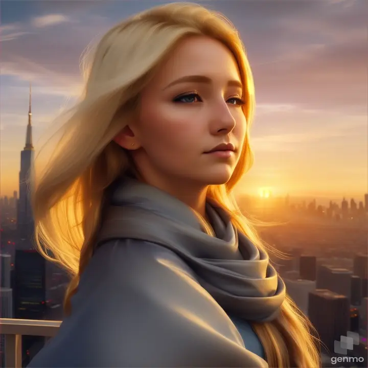 European girl opening/closing eyes, her blonde hair flowing in the wind with a silky scarf, overlooking a city skyline with skyscrapers, at sunset, evening time
