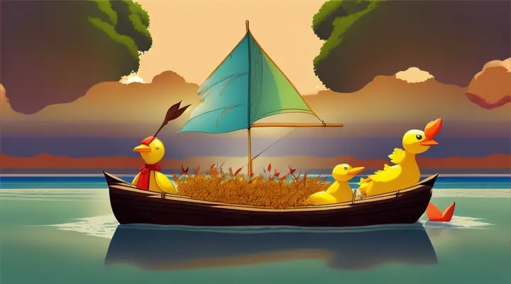 Building a makeshift raft to sail back home, using unconventional materials like giant leaves and oversized rubber ducks, cartoon style 