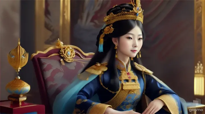 The image shows a character with a blurred face. Surrounded by the environment of the Chinese Dynasty Hall, the character is a beautiful female emperor, smiling happily. The head of the person in the picture was covered. There is a crown-like ornament on the head that looks luxuriously decorated. It had a luxuriously decorated appearance, with long flowing hair, large blue eyes, a slight smile, and wearing exquisite gold jewelry. horizontal image