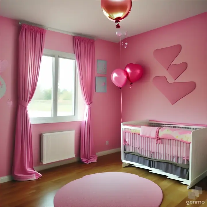 a baby's room with pink walls and balloons