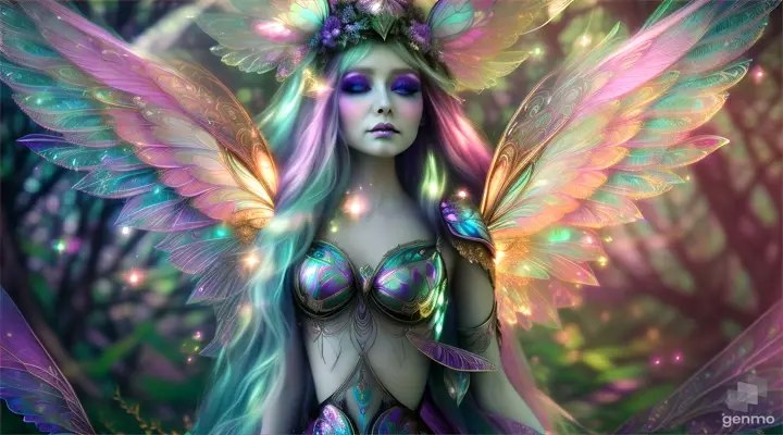 Ethereal extraterrestrial fairy queen centered in a mystical, otherworldly forest. Surreal photograph with elements of glampunk and pastelpunk aesthetic suitable for an album cover, Cinematic and dappled lighting casting magical glows on her translucent wings, Anna Dittmann inspired digital painting, 35mm Kodak film quality, 4k resolution, intricate 3d fractal patterns weaving through the foliage,