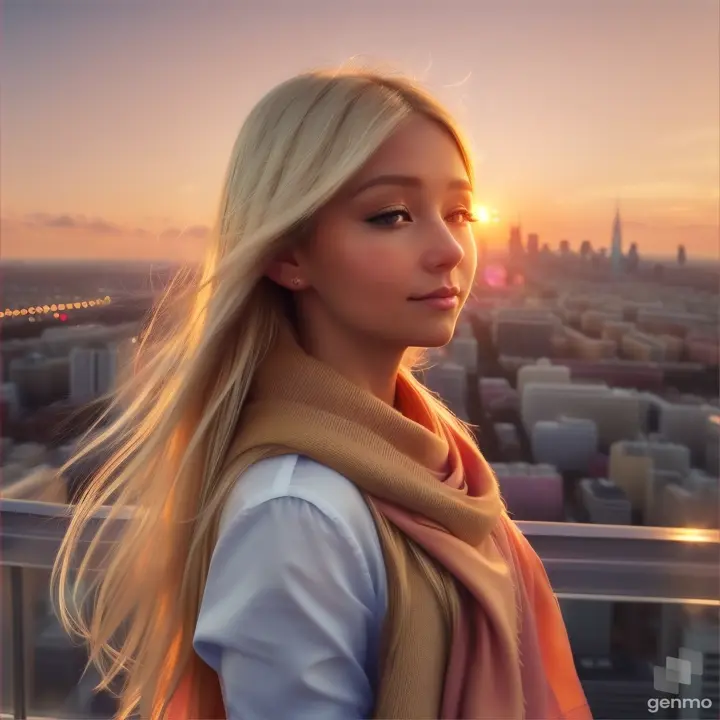 European girl opens/closes her eyes, her blonde hair flutters in the wind with a silky scarf, overlooking the cityscape with skyscrapers, at sunset, evening time

