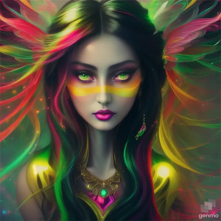 Detailed perfect face of woman, 
surreal painting, green red yellow cream fuchsia colors, "beautiful technetronic fairy dances through the digital realm, sprinkling innovation and magic, long curly black hair, very glossy and shiny skin, slight smile, looking at viewer, dark moody quality, Fantasy art, digital art, delicate lines and textures, realistic and dreamy art, art of imaginative motifs, girl in a fluid,  tangle, entangle, intricate clothes, fractal art, colorful, flowers, abstract background, many colors, feathers, the most beautiful form of chaos, elegant, a brutalist designed, crystallized, showing panties, sitting on, magical substances, fantastic landscapes, surrealism, cinematic, rough shadows, vivid colors, rich colors, light and shadow, three-dimensional lighting, combination of various colors and shades, a lively and deep art, sfumato, highly details, best Quality, Tyndall effect 9, volume lighting, back lighting hair, Film light, dynamic lighting, good anatomy, same makeup for both eyes, eyes are bilateral symmetry, correct limb, hand with five delicate fingers, Perfect body proportions, intricate details, highly details, , Mysterious