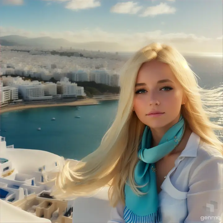 European girl opens/closes her eyes, her blonde hair flutters in the wind with a silky scarf, overlooking the cityscape with skyscrapers, on a beach in Greece with a turquoise sea and white rocks
