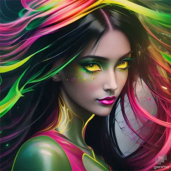 Detailed perfect face of woman, 
surreal painting, green red yellow cream fuchsia colors, "beautiful technetronic fairy dances through the digital realm, sprinkling innovation and magic, long curly black hair, very glossy and shiny skin, slight smile, looking at viewer, dark moody quality, Fantasy art, digital art, delicate lines and textures, realistic and dreamy art, art of imaginative motifs, girl in a fluid,  tangle, entangle, intricate clothes, fractal art, colorful, flowers, abstract background, many colors, feathers, the most beautiful form of chaos, elegant, a brutalist designed, crystallized, showing panties, sitting on, magical substances, fantastic landscapes, surrealism, cinematic, rough shadows, vivid colors, rich colors, light and shadow, three-dimensional lighting, combination of various colors and shades, a lively and deep art, sfumato, highly details, best Quality, Tyndall effect 9, volume lighting, back lighting hair, Film light, dynamic lighting, good anatomy, same makeup for both eyes, eyes are bilateral symmetry, correct limb, hand with five delicate fingers, Perfect body proportions, intricate details, highly details, , Mysterious