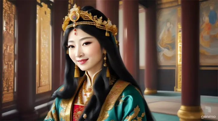 The image shows a character with a blurred face. Surrounded by the environment of the Chinese Dynasty Hall, the character is a beautiful female emperor, smiling happily. The head of the person in the picture was covered. There is a crown-like ornament on the head that looks luxuriously decorated. It had a luxuriously decorated appearance, with long flowing hair, large blue eyes, a slight smile, and wearing exquisite gold jewelry. horizontal image