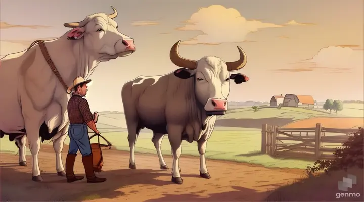 Cartoon of a farmer with a old bull ,16:9 ratio”