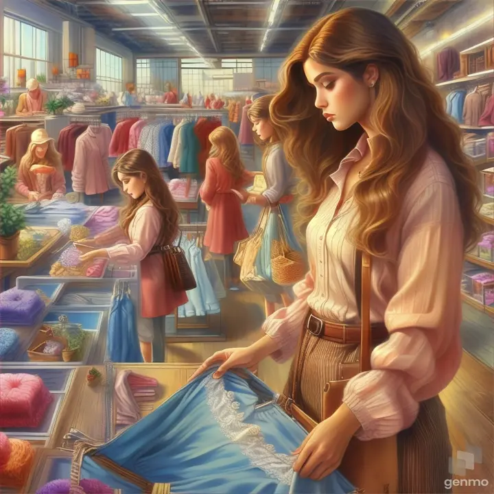 a painting of a woman shopping in a clothing store