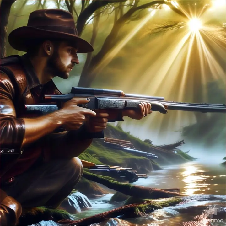 a man in a hat is holding a rifle