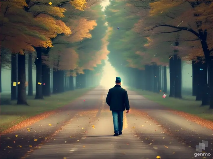a man walking, head down on a road. On the banks of this road, banknotes fall from the trees.