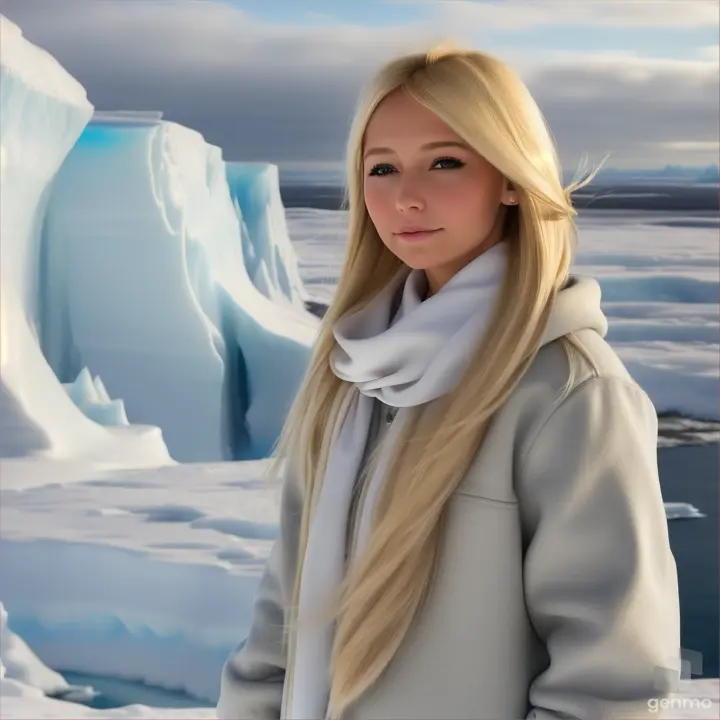 A European girl opens/closes her eyes, her blonde hair flutters in the wind with a silky scarf, stands on a stone, an arctic ice wall is visible in the background, and then a fantastic high-tech city with skyscrapers is visible