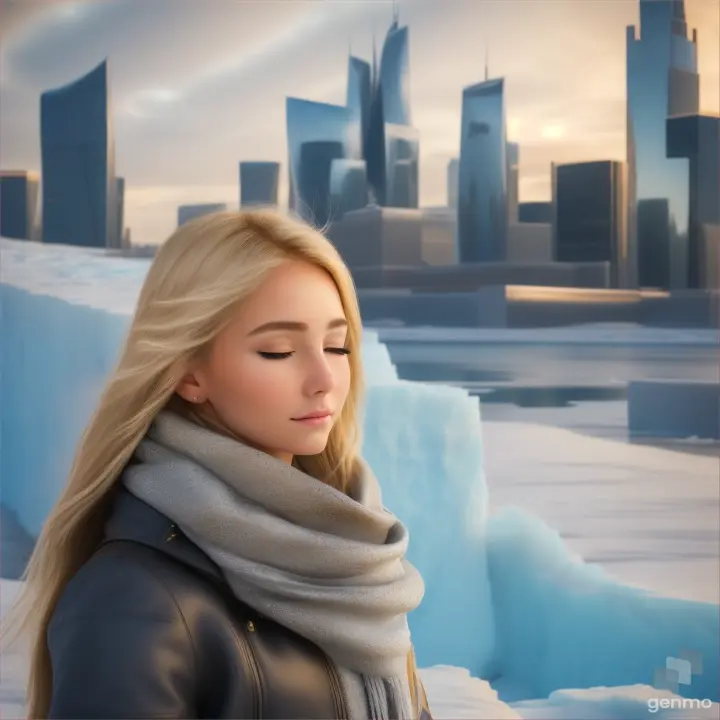 A European girl opens/closes her eyes, her blonde hair flutters in the wind with a silky scarf, stands on a stone, an arctic ice wall is visible in the background, and then a fantastic high-tech city with skyscrapers is visible