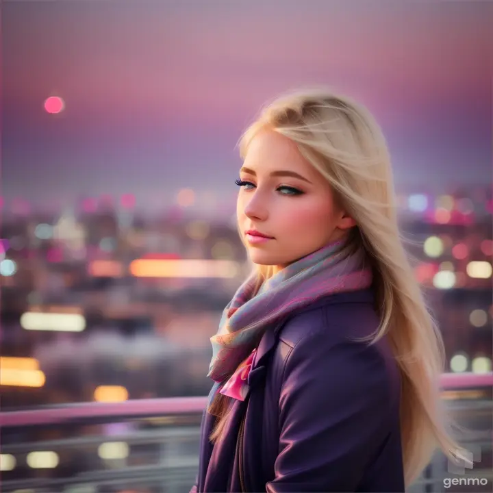 A European girl opening/closing eyes, her blonde hair flowing in the wind with a silky scarf, overlooking a fantastic high-tech city skyline with misty, pastel skyscrapers