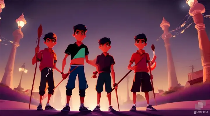 cartoon of group of indian boys who is  holding sticks in the night time 16:9 ratio