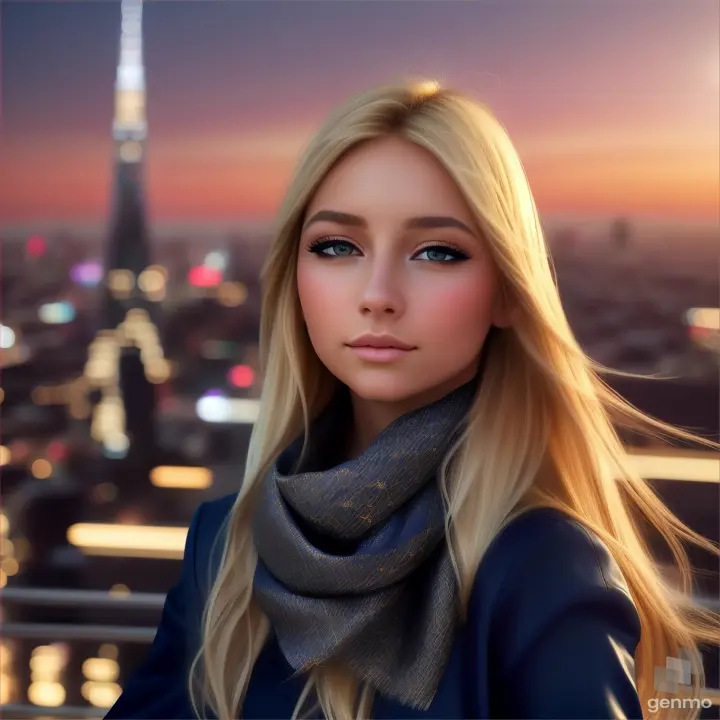 European girl opens/closes her eyes, her blonde hair fluttering in the wind and a silky scarf, a fantastic high-tech cityscape with skyscrapers is visible on the horizon